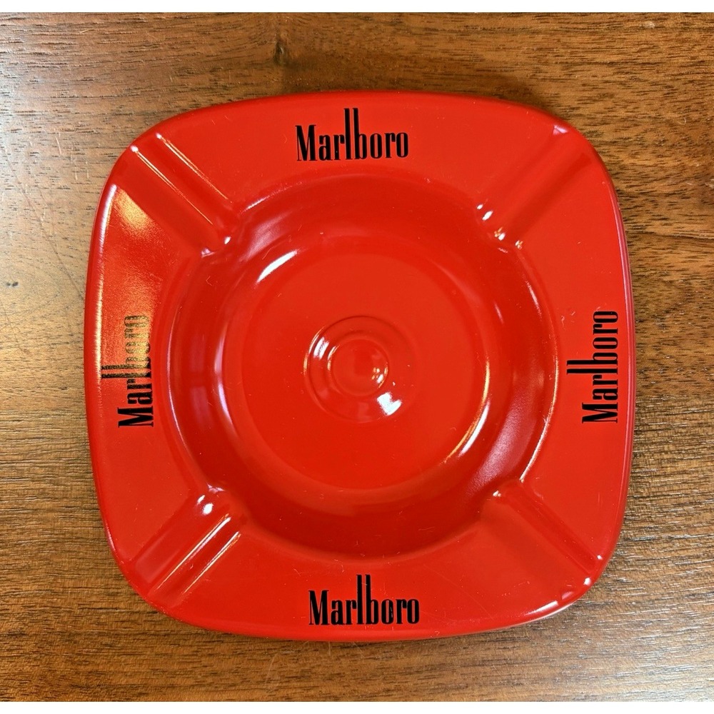 VTG Marlboro Ashtray Red Enamel On Steel Tin Advertising Bar Restaurant NOS 4.2"